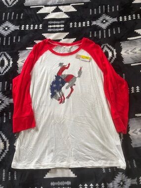 Ariat Red and White Raglan Long-Sleeve Tee with Rodeo Bucking Horse